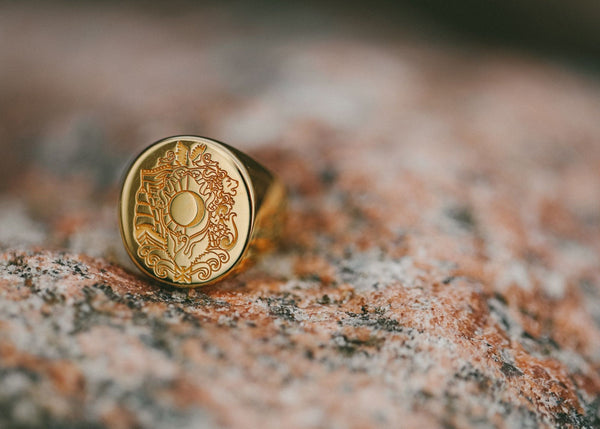 IX Oval Family Crest Signet Gold Plated  Ring
