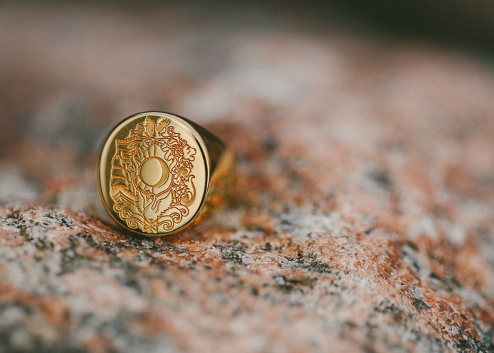 IX Oval Family Crest Signet Gold Plated Ring