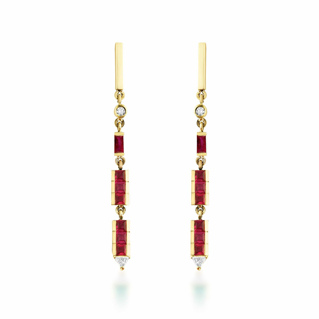 Artisia Bar 18K Gold Earrings w. Diamonds & Rubies