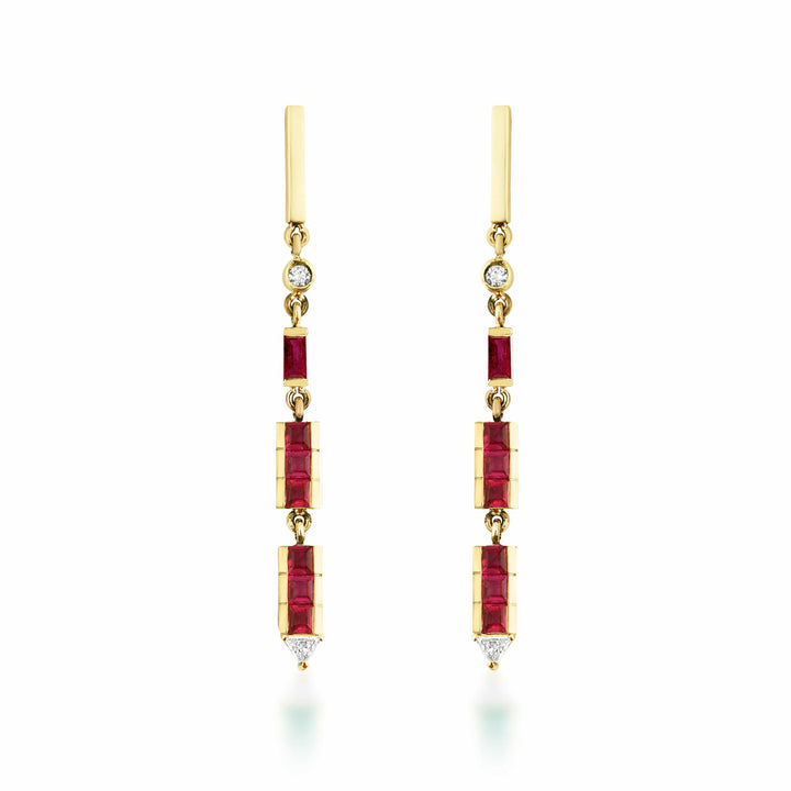 Artisia Bar 18K Gold Earrings w. Diamonds & Rubies