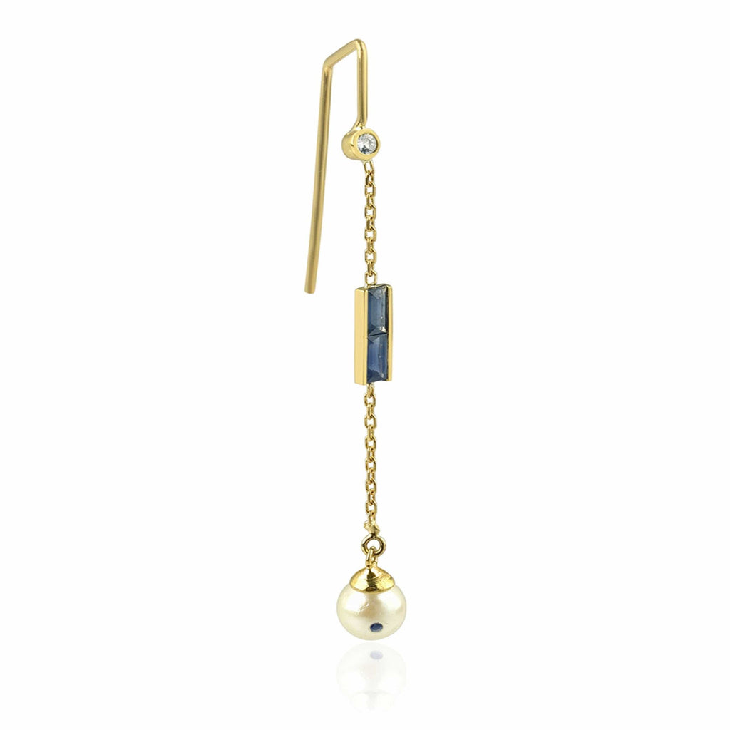 Eline 18K Gold Single Earring w. blue & White Sapphires & Pearl