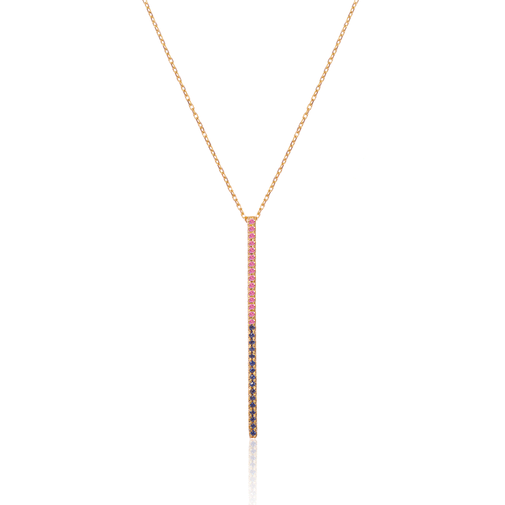 Claire Bar 18K Gold Necklace w. Pink & Blue Sapphires