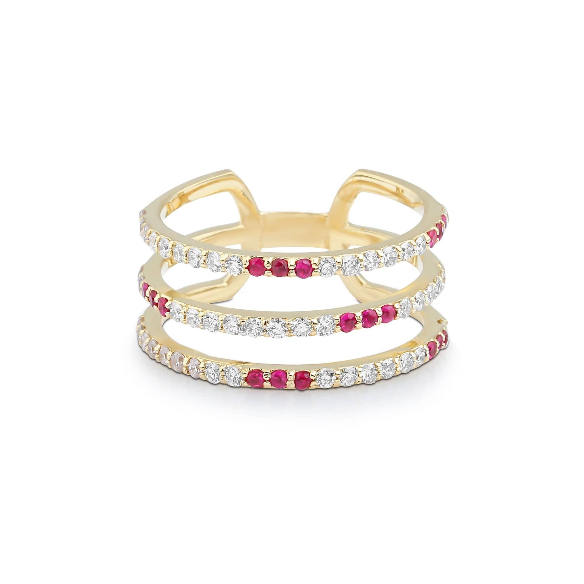 Artisia Triple Bar 18K Gold Ring w. Diamonds & Rubies