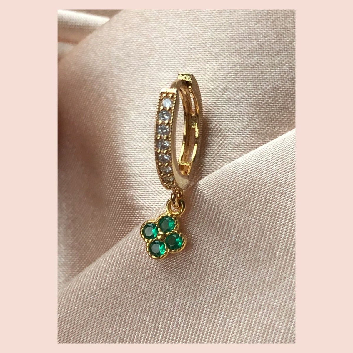 Green Clover 18K Gold Plated Hoop w. White & Green Zirconias