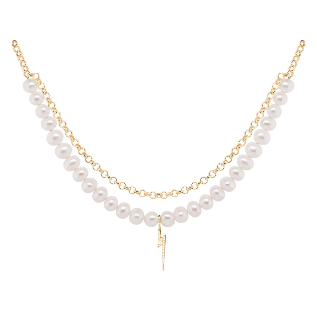 Bolt Gold Plated Necklace w. Pearl & Zirconia
