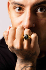 IX Oval Signet Hawks Eye Gold Plated Ring
