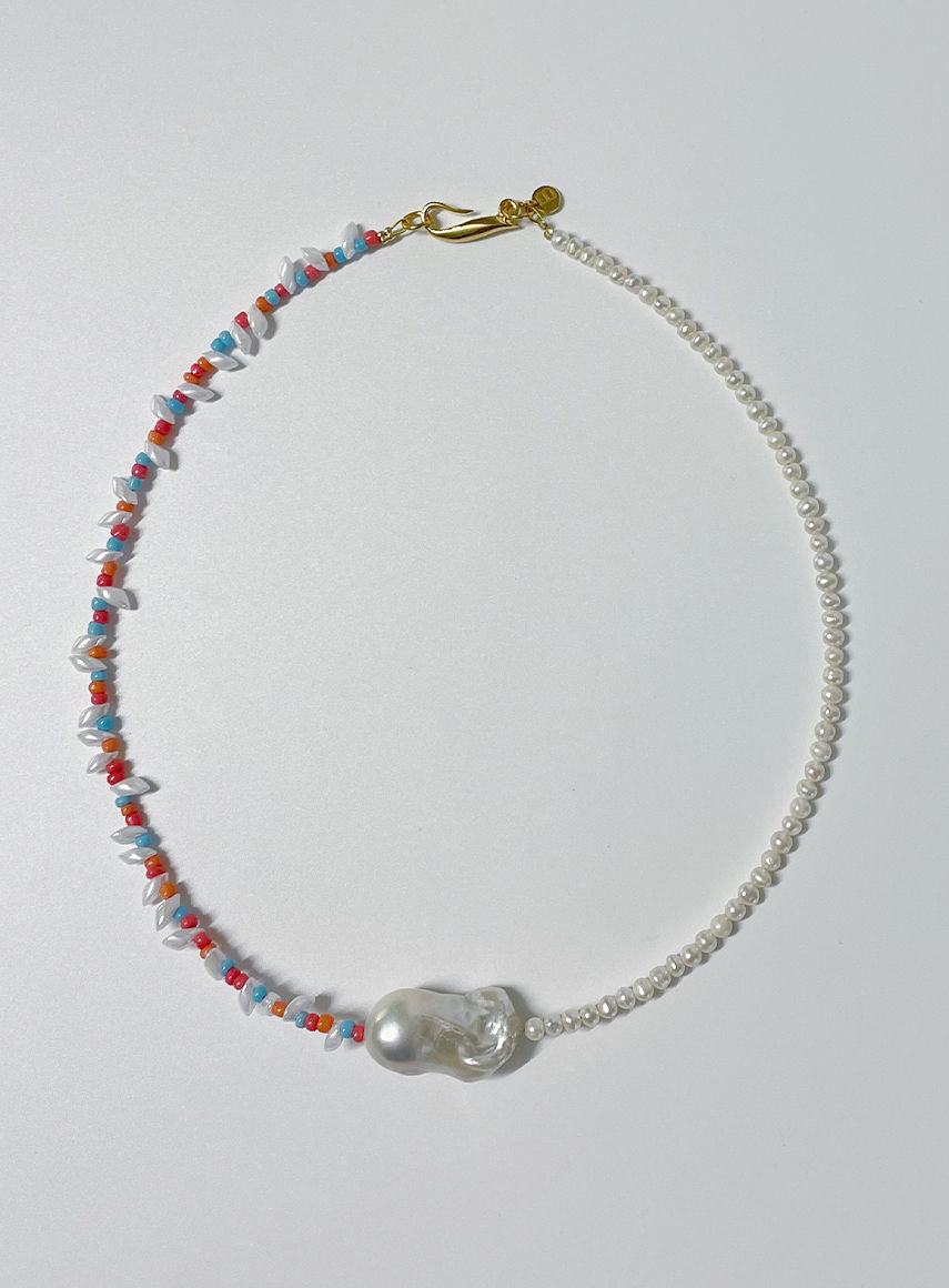Mixed Baroque Pearl Coral Gold Plated Necklace w. Pearls