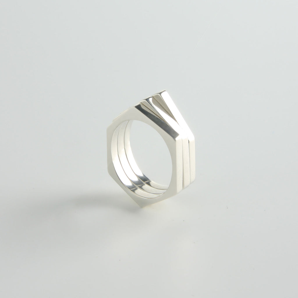 Minrl | Random Polygons Three Hexagons Silver Rings