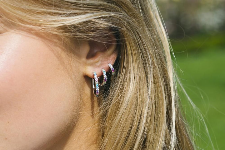 Earrings Silver Hoops w. Yellow, Pink, Blue, Green, Purple & Red Zirconias