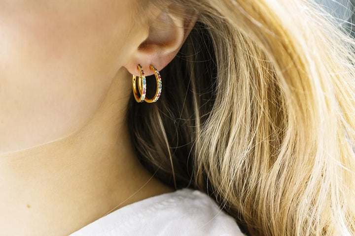 Ellera Grande Gold Plated Hoops w. Yellow, Pink, Blue, Green, Purple & Red Zirconias
