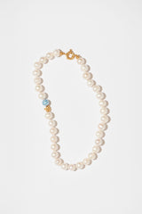 The Big Classic Blue Stripes Gold Plated Necklace w. Pearls