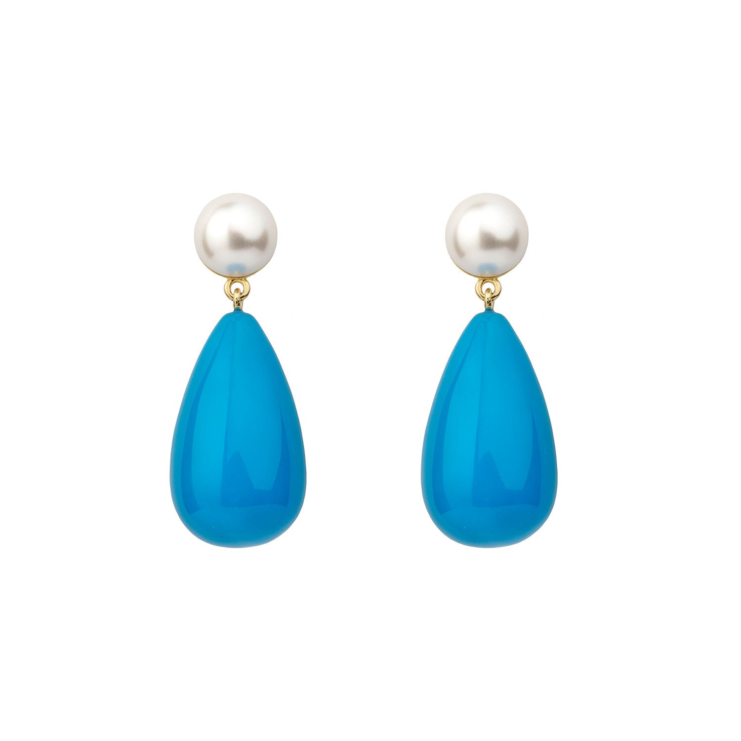 Blue & White Large Goldplated Drop Earrings w. Pearl