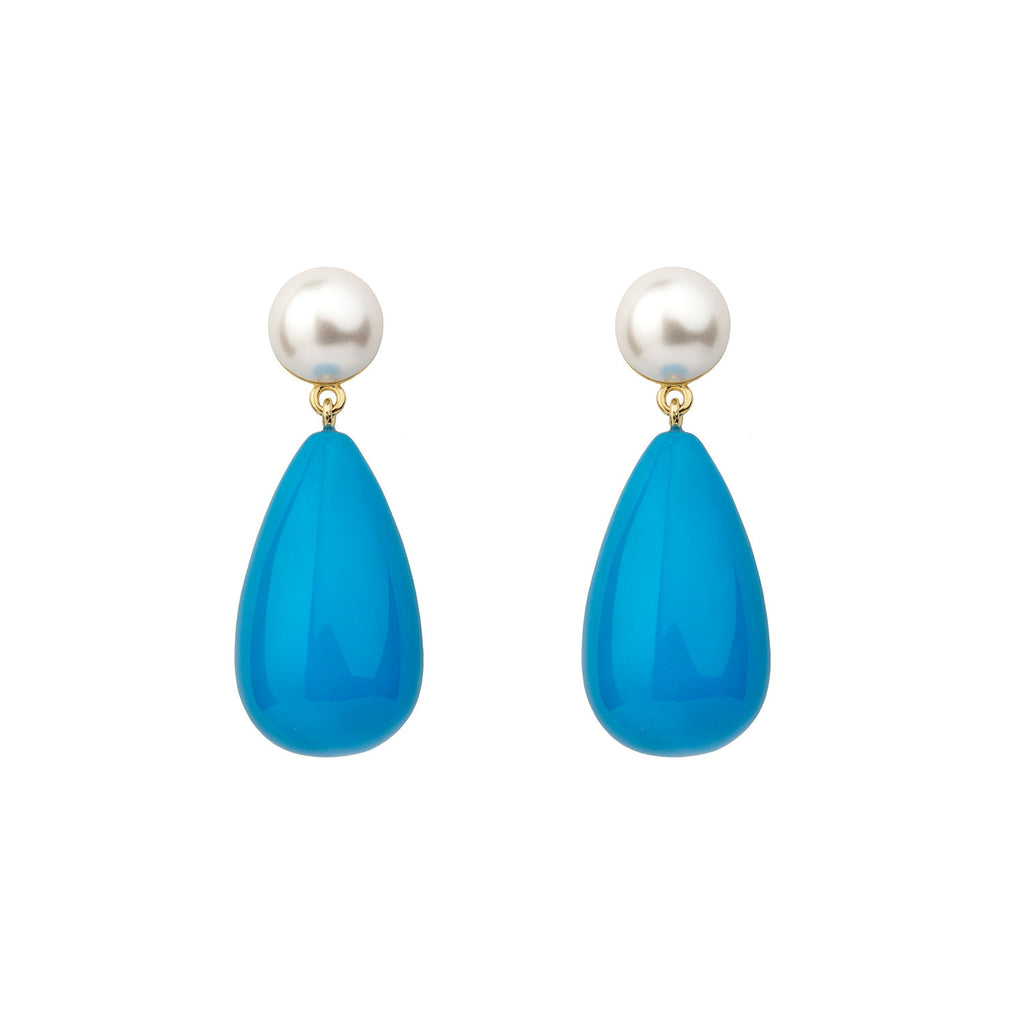 Blue & White Large Goldplated Drop Earrings w. Pearl