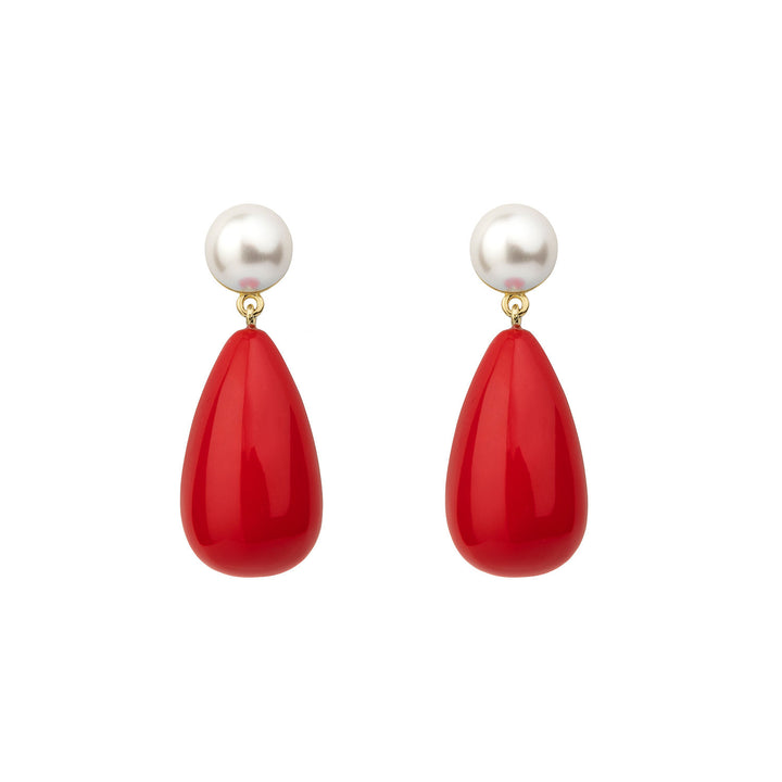 Red & White Large Goldplated Drop Earrings w. Pearl