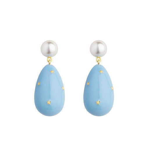 Blue & White Large Goldplated Galaxy Drop Earrings w. Pearl