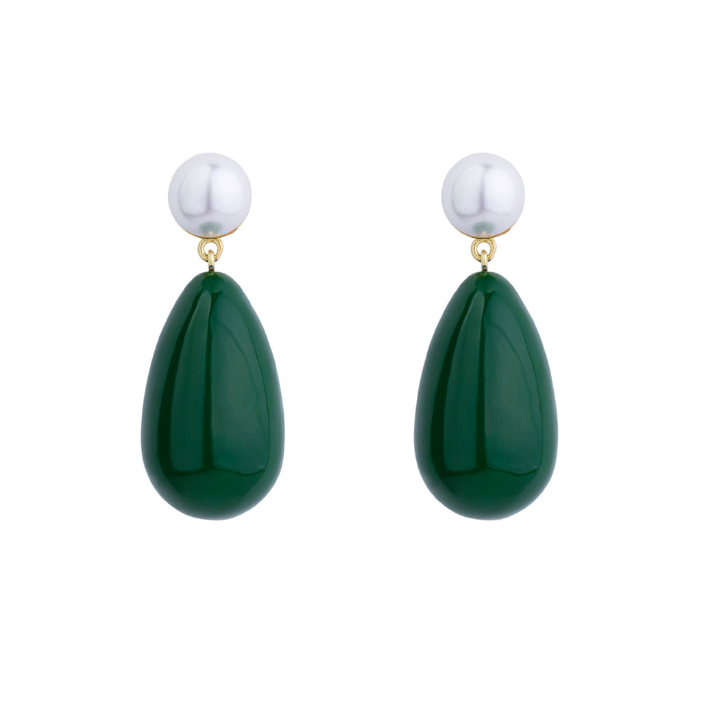 Green & White Large Goldplated Drop Earrings w. Pearl