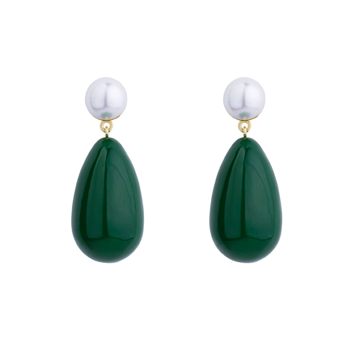 Green & White Large Goldplated Drop Earrings w. Pearl