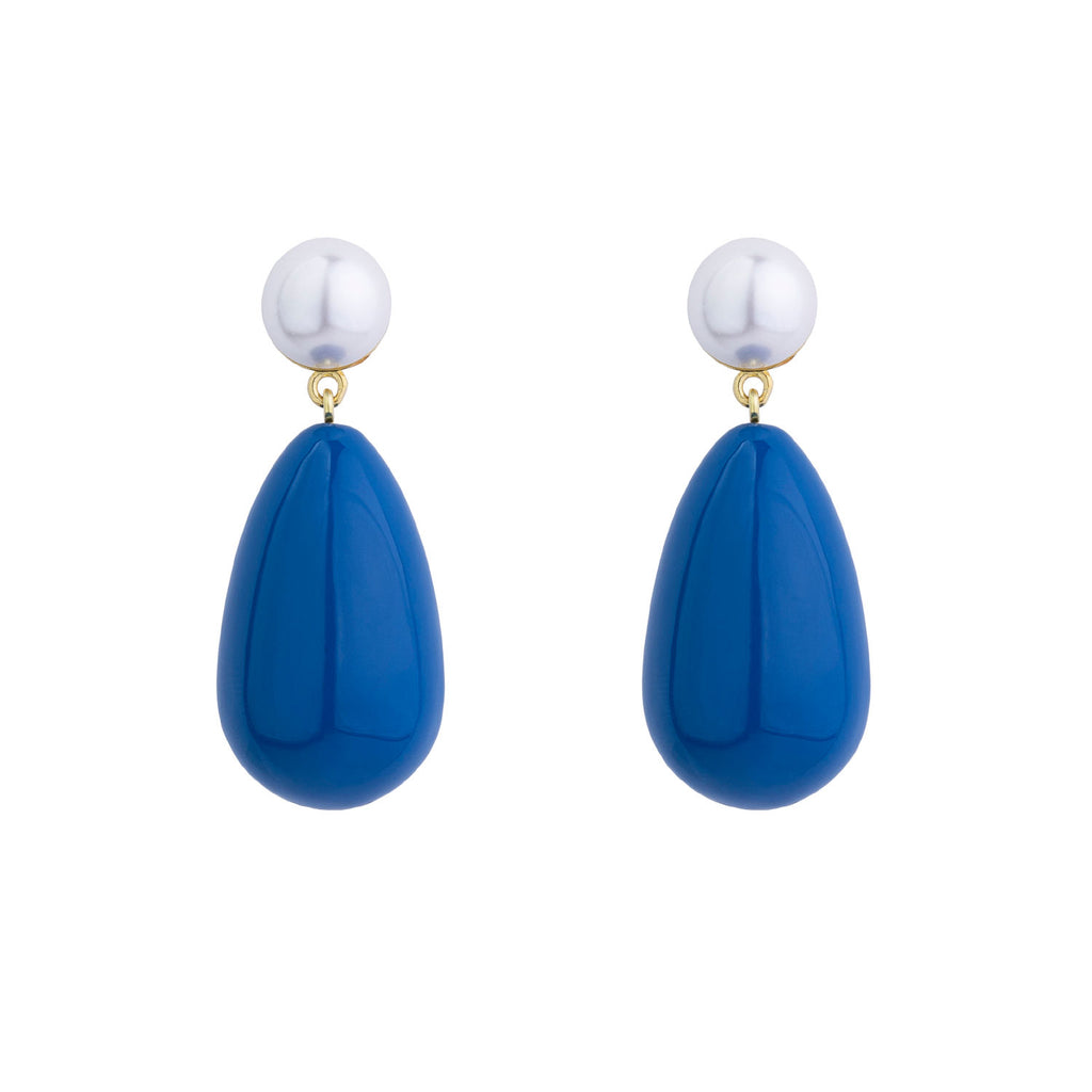 Dark Blue & White Large Goldplated Drop Earrings w. Pearl