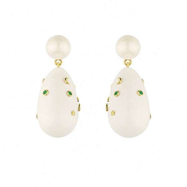 White & Green Large Goldplated Galaxy Drop Earrings w. Pearl
