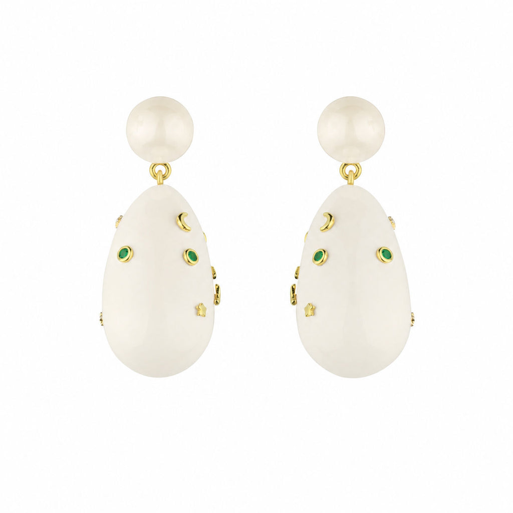 White & Green Large Goldplated Galaxy Drop Earrings w. Pearl