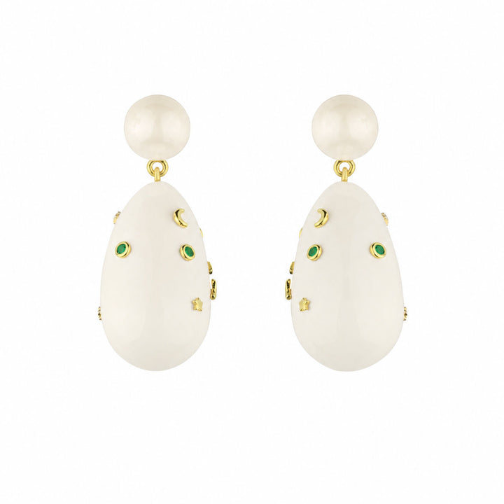White & Green Large Goldplated Galaxy Drop Earrings w. Pearl