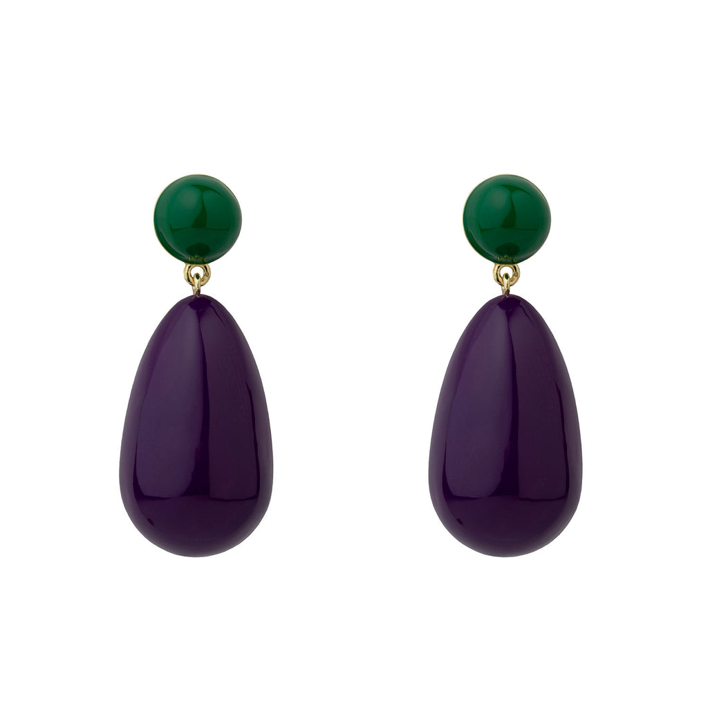 Green & Purple Large Goldplated Drop Earrings w. Pearl