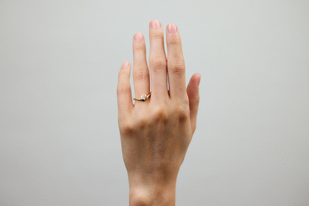 Curved Pear 14k or 18k Gold Ring w. Lab-Grown Diamond