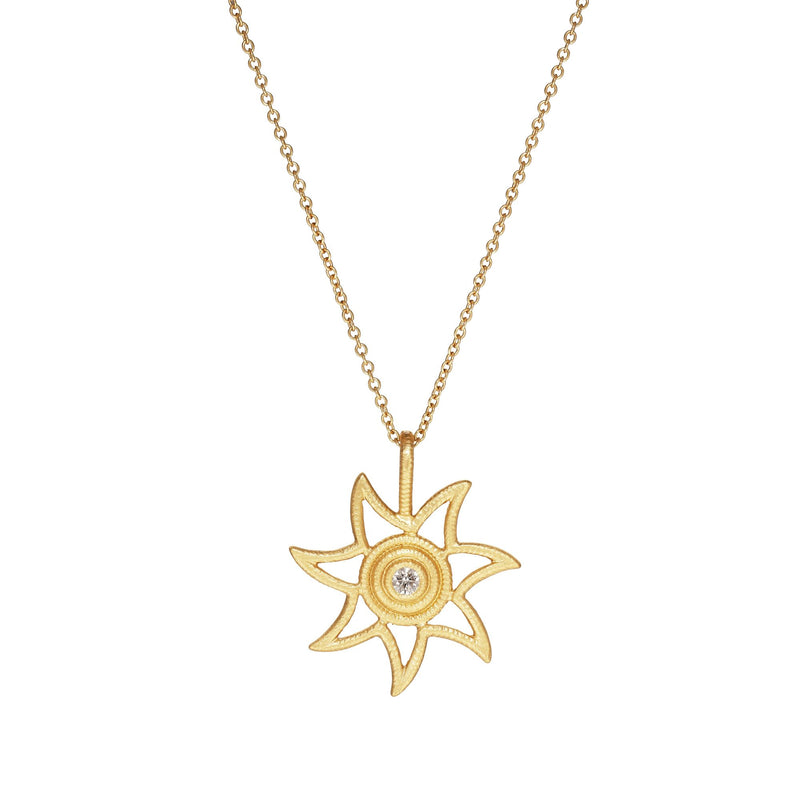 Sun Large 18K Gold Pendant w. 0.011ct Diamond