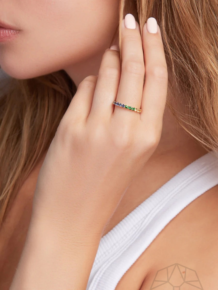 Regenbogen -Saphir -Skinnhaut -Gradient 14K Gold Ring