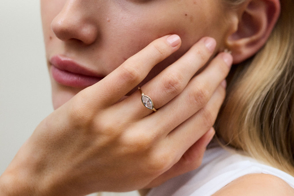 East West Marquise Bezel 14k or 18k Gold Ring w. Lab-Grown Diamond