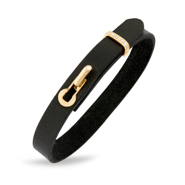 Revolution Black Leather 18K Gold Bracelet w. Diamonds