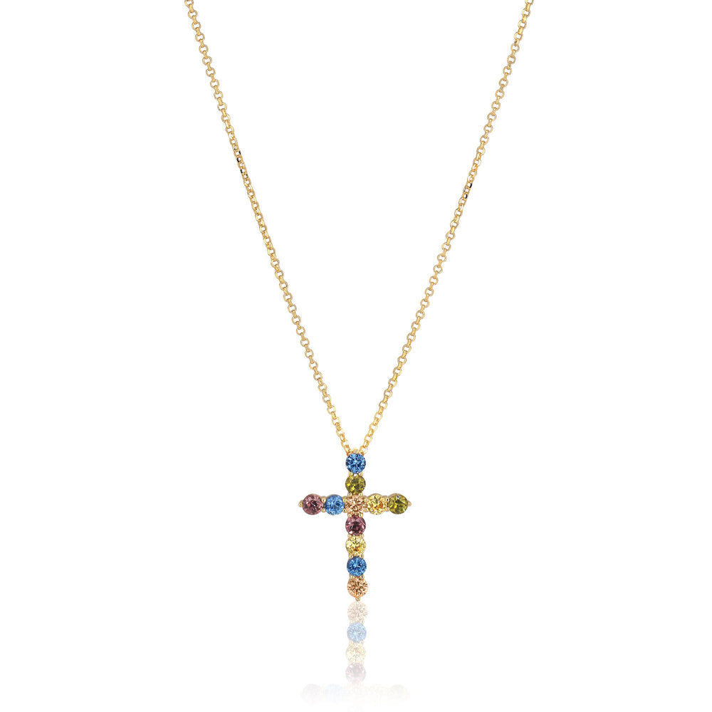Belluno Croce 18K Gold Plated Necklace w. Colored Zirconias
