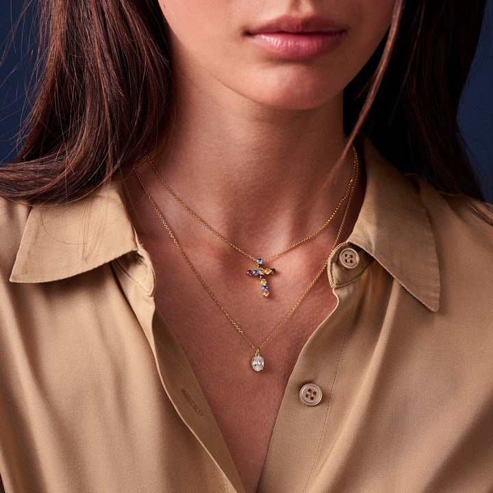 Belluno Croce 18K Gold Plated Necklace w. Colored Zirconias