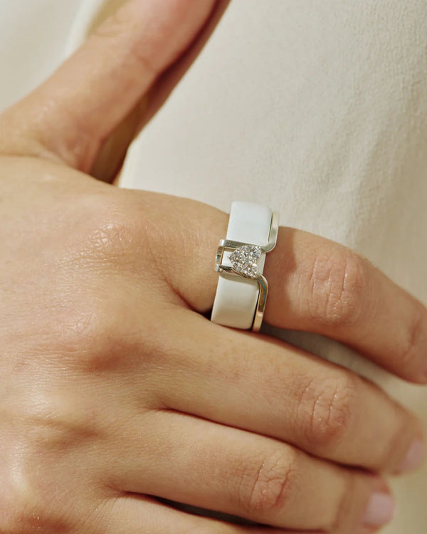 LIL Rhodium Plated Silver Heart Oura Cover Ring  w. Heart Lab-Grown Diamond