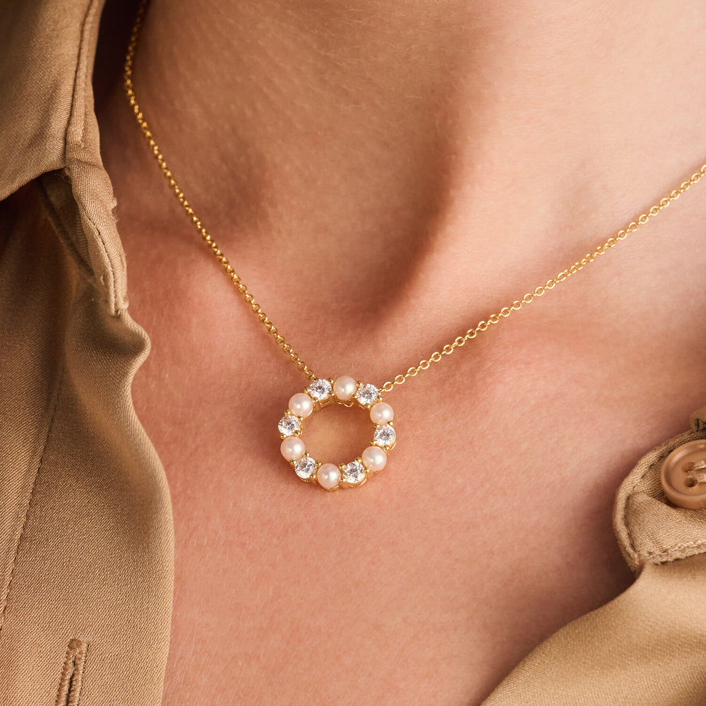 Biella Perla 18K Gold plattierte Halskette w. Zirkonia & Perle