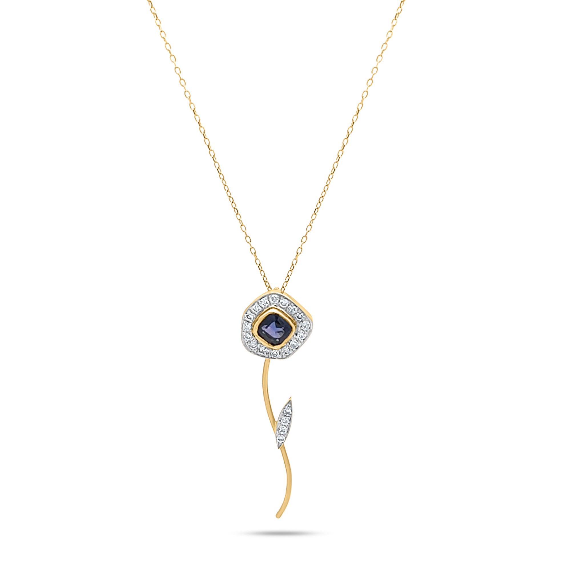 Desert Rose Flower 18K Gold Necklace w. Blue Tourmaline & Diamonds