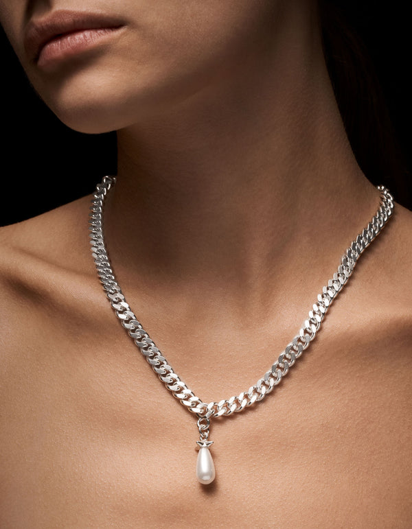 Chunky Chain Drop Silver Necklace w. Glass Pearl
