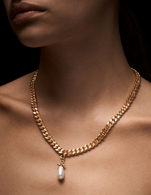 Chunky Chain Drop Gold Plated Necklace w. Glass Pearl