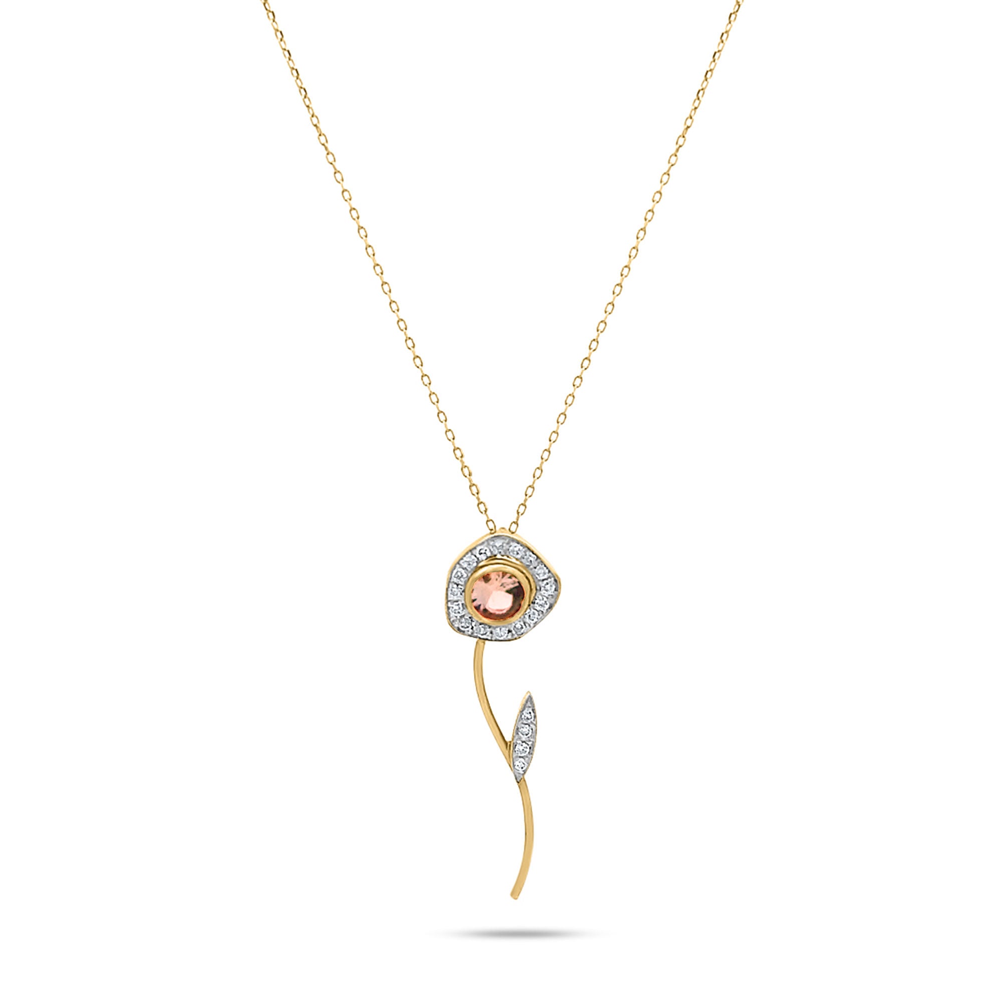 Desert Rose Flower 18K Gold Necklace w. Pink Tourmaline & Diamonds