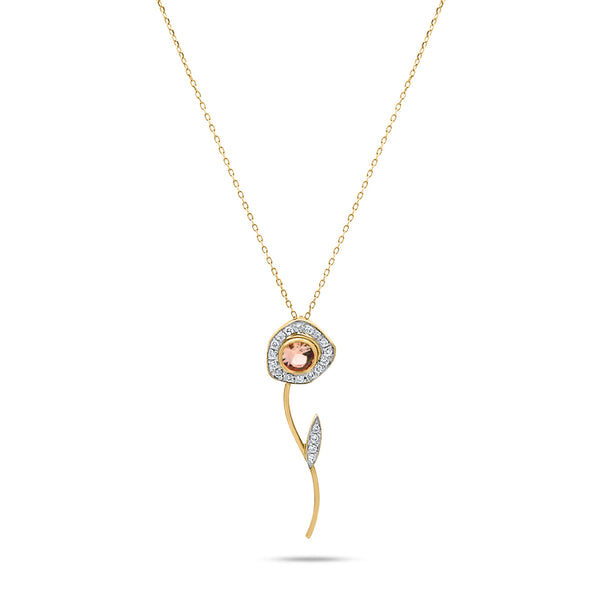 Desert Rose Flower 18K Gold Necklace w. Pink Tourmaline & Diamonds