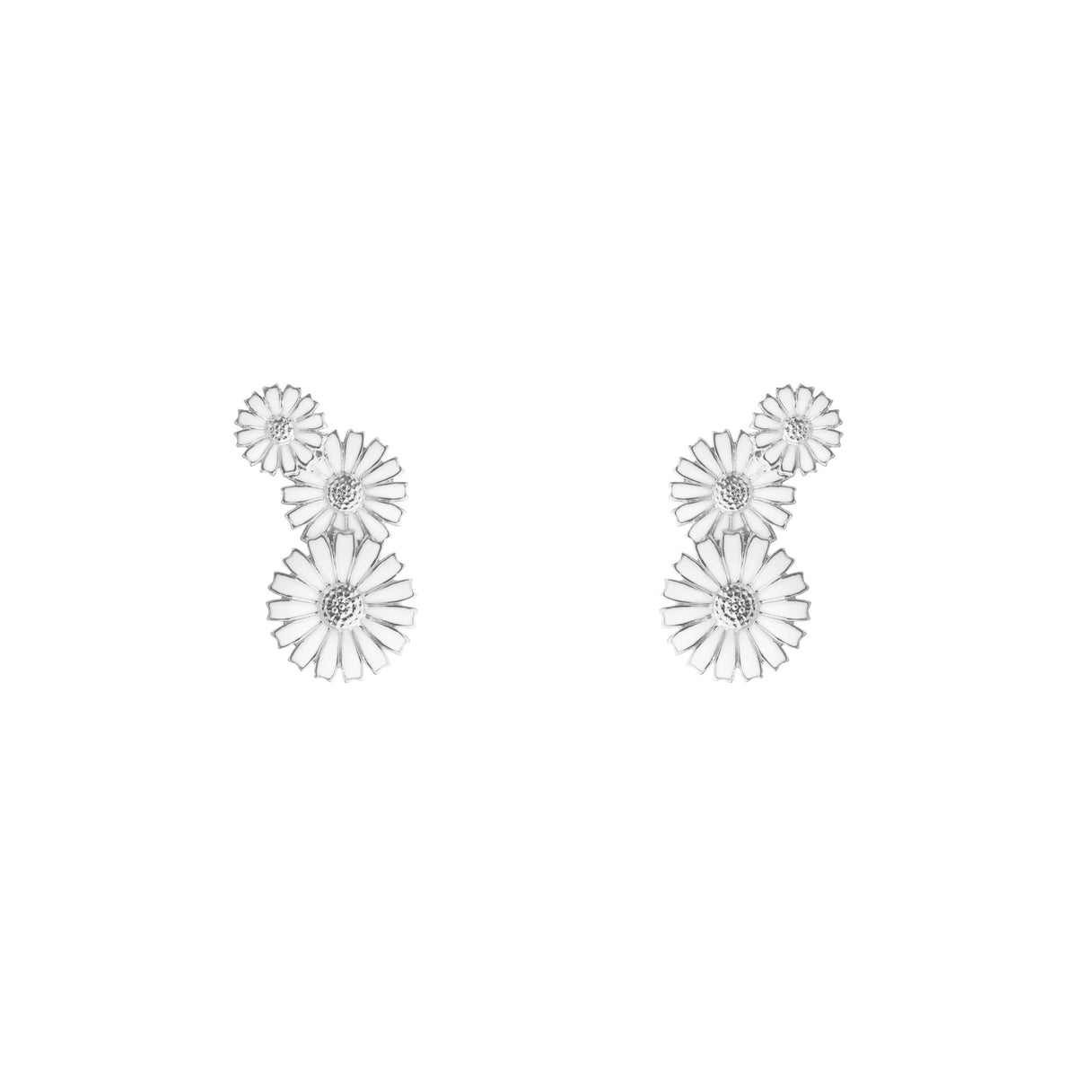 Daisy 3 Flower Layered Silver Earrings w. White Enamel
