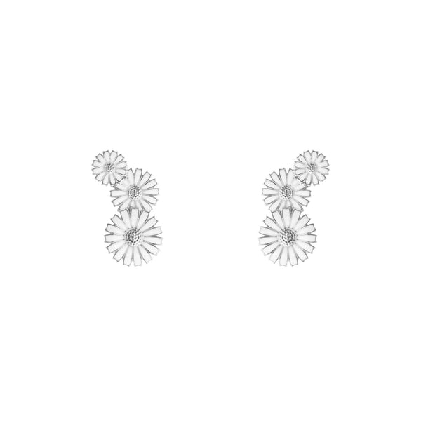 Daisy 3 Flower Layered Silver Earrings w. White Enamel