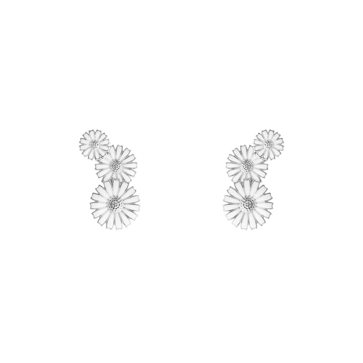 Daisy 3 Flower Layered Silver Earrings w. White Enamel