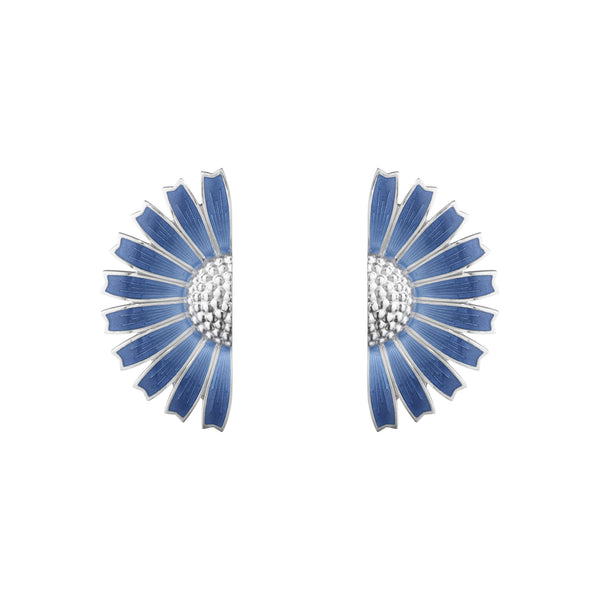 Daisy Half Flower Silver Earrings w. Blue Enamel