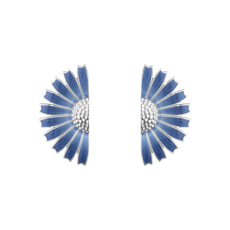 Daisy Half Flower Silver Earrings w. Blue Enamel