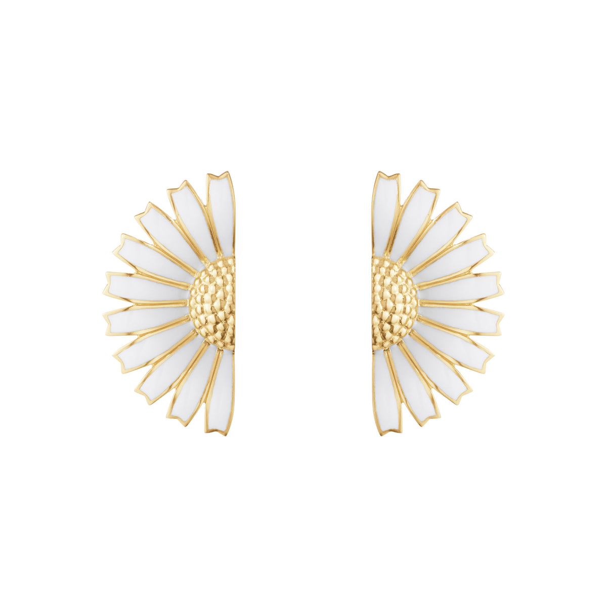 Gänseblümchen halbe Blume goldplattierte Ohrringe w. Weißer Emaille