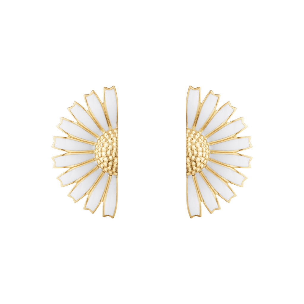 Daisy Half Flower Gold Plated Earrings w. White Enamel