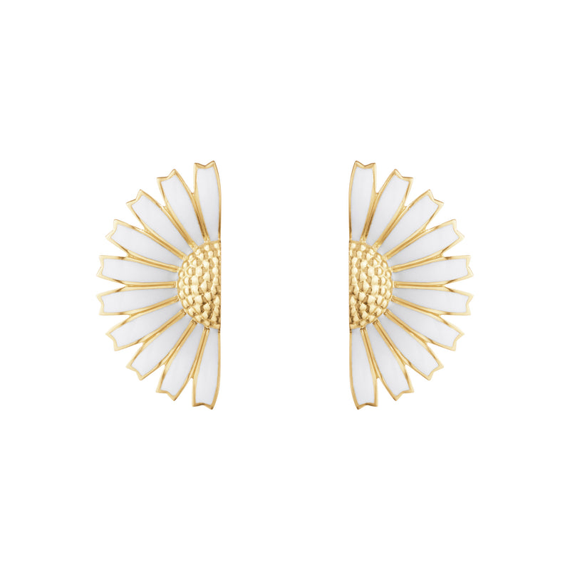 Daisy Half Flower Gold Plated Earrings w. White Enamel
