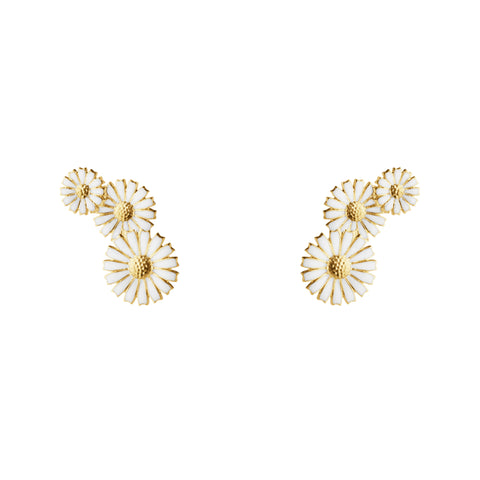 Daisy 3 Flower Layered Gold Plated Earrings w. White Enamel