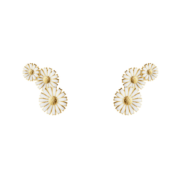 Daisy 3 Flower Layered Gold Plated Earrings w. White Enamel